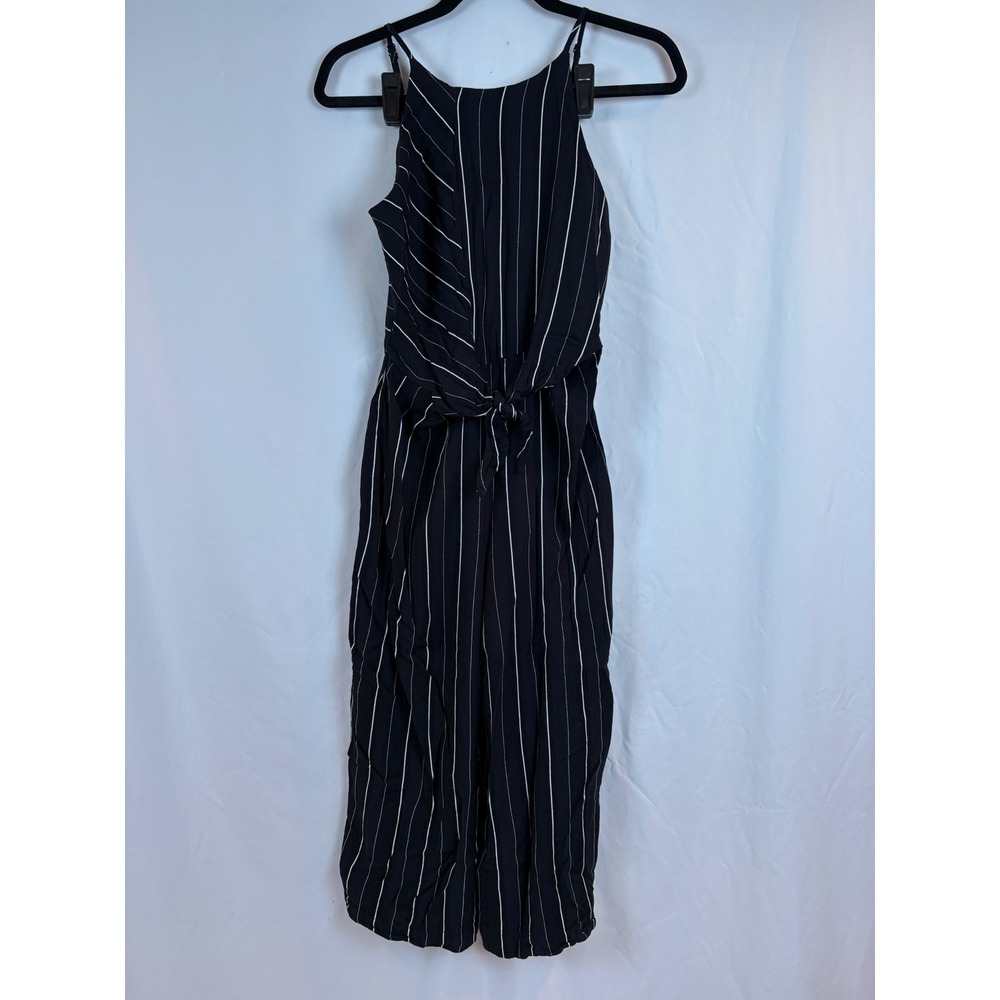 Dex Pinstripe Jumpsuit Womens XS Black White Tie Front Wide Leg Sleeveless